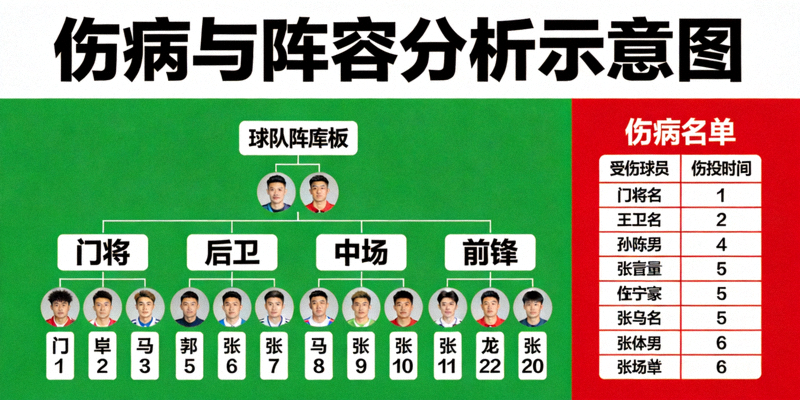 伤病与阵容分析示意图 - 展示球队阵容板与伤病名单